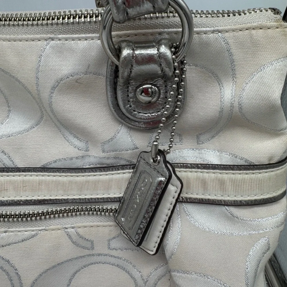 Vintage COACH Poppy Signature Sateen Glam Tote Bag White Silver Metallic 17x14